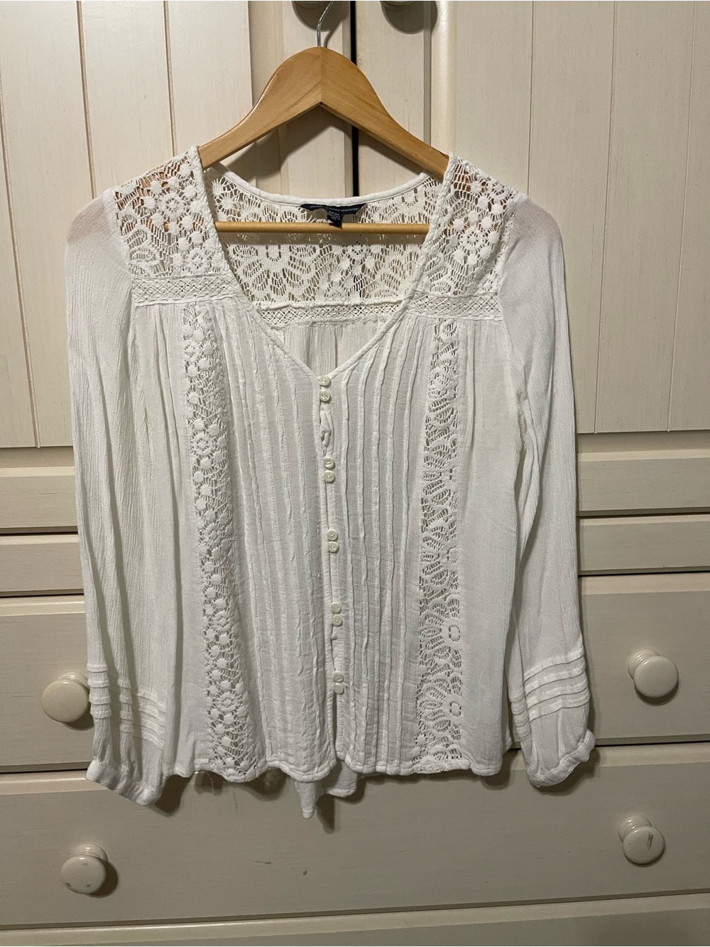 American Eagle Outfitters White Lace-Panel Button Front Blouse